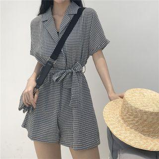 Check Notched Lapel Short-sleeve Playsuit