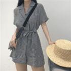 Check Notched Lapel Short-sleeve Playsuit