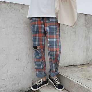 Ripped Plaid Cropped Jeans