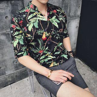 Printed V-neck Elbow-sleeve Shirt