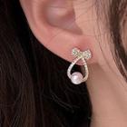 Faux Pearl Rhinestone Ribbon Stud Earring 1 Pair - Stud Earring - Silver Needle - Gold - One Size