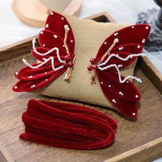 Set: Beaded Butterfly Hair Clip + Hair Tie 3pcs - 2 Hair Clip & 1 Hair Tie - Red - One Size