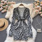 V-neck Lace-up Strap Zebra Print Long-sleeve Dress White - One Size