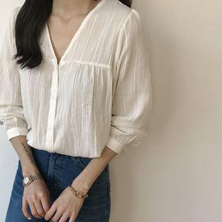 V-neck Shirred Textured Blouse
