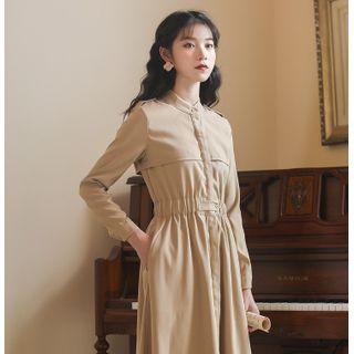Plain Button-up Long-sleeve Midi A-line Dress