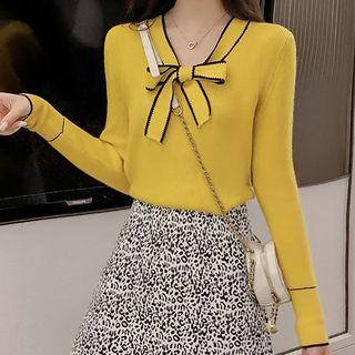 Long-sleeve Contrast Trim Bow Accent Knit Top