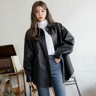 Plus Size Collared Faux-leather Jacket With Sash