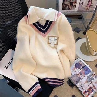 Mock Two-piece Striped Trim Polo Sweater Almond - One Size