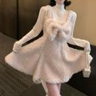 Fleece Bow Mini A-line Overall Dress / Turtleneck T-shirt