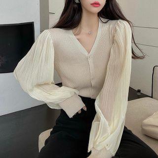 Patchwork Puff-sleeve Button-up Knit Top