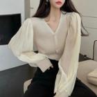 Patchwork Puff-sleeve Button-up Knit Top