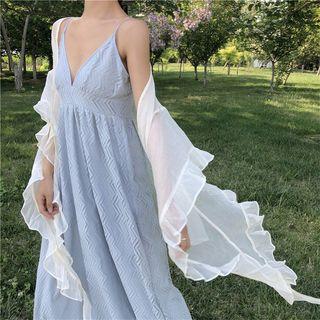Set: Spaghetti Strap Lace Midi Dress + Frill Trim Light Jacket