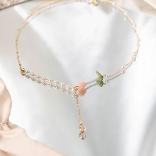 Flower Faux Pearl Necklace Pink & Green & Gold - One Size