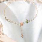 Flower Faux Pearl Necklace Pink & Green & Gold - One Size