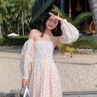 Set: Strapless Print Midi A-line Dress + Arm Sleeves