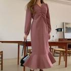 Shirred-front Ruffle-hem Long Dress