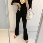 Set: V-neck Contrast-trim Top + Band-waist Boot-cut Pants