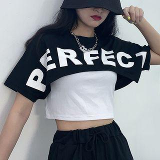 Set: Short-sleeve Lettering Crop Top + Tank Top
