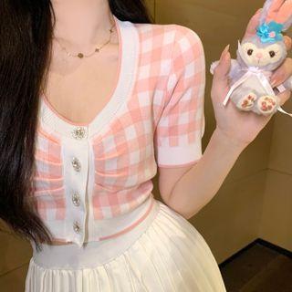 Short-sleeve Gingham Knit Top / A-line Skirt