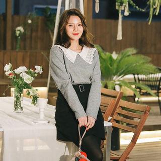 Lace-collar Fleece-lined Knit Top