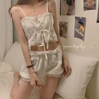 Set : Lace Suspender Top + Shorts As Shown In Figure - One Size