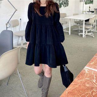Lantern-sleeve Mini Shift Dress Black - One Size