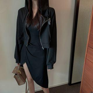 Cropped Hooded Zip Jacket / Sleeveless Shirred Dress