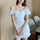 Off-shoulder Ruffle Mini Sheath Dress White - One Size