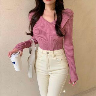 Long-sleeve Cross Strap Plain Knit Top