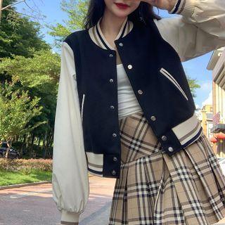 Color Panel Cropped Long-sleeve Baseball Jacket