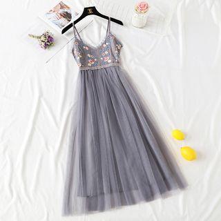 Flower Embroidered Mesh Spaghetti Strap Midi A-line Dress