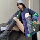 Stand Collar Color Block Quilted Baseball Jacket
