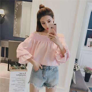 Ruffle-sleeve Off-shoulder Gingham Top