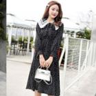 Long-sleeve Lace Panel Dotted Midi A-line Dress