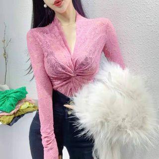V-neck Plain Lace Bow Cropped Top