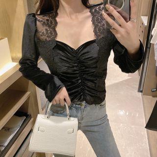 Long-sleeve Lace Panel Ruffled Blouse