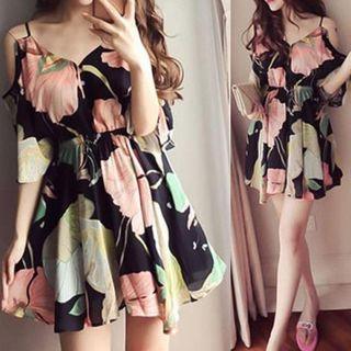 Flower Print Cold Shoulder Mini A-line Dress