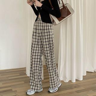 Cardigan / Plaid Straight-leg Pants