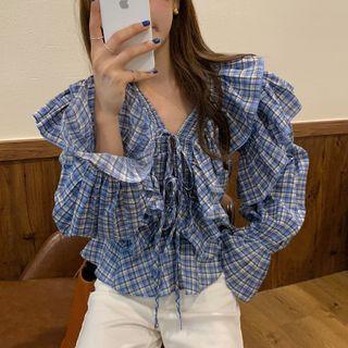 Bell-sleeve Ruffle Trim Tie Neck Plaid Shirt Checked - One Size