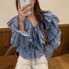 Bell-sleeve Ruffle Trim Tie Neck Plaid Shirt Checked - One Size