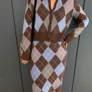 Argyle Cardigan / Midi Skirt
