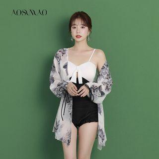Set: Tie-front Cutout Swimsuit + Floral Print Cover-up
