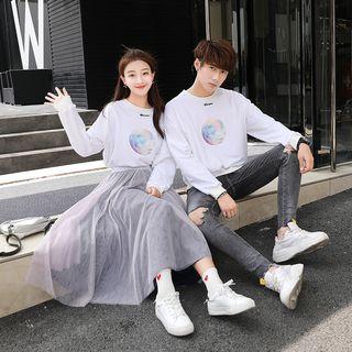 Couple Matching Printed Pullover / Mesh Midi Skirt