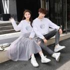 Couple Matching Printed Pullover / Mesh Midi Skirt