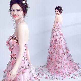Flower Applique Strapless Evening Dress