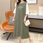 Elbow-sleeve Lettering Mock Two-piece Lettering Midi T-shirt Dress