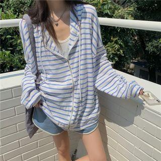 Hooded Striped Zip Jacket Light Blue & White - One Size
