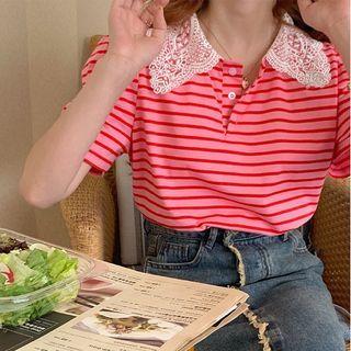 Elbow-sleeve Lace Panel Striped Polo Shirt