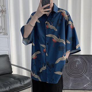 Crane Patterned Short-sleeve Button-down Shirt
