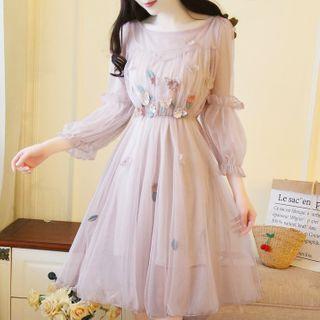 Puff-sleeve Floral A-line Mesh Dress